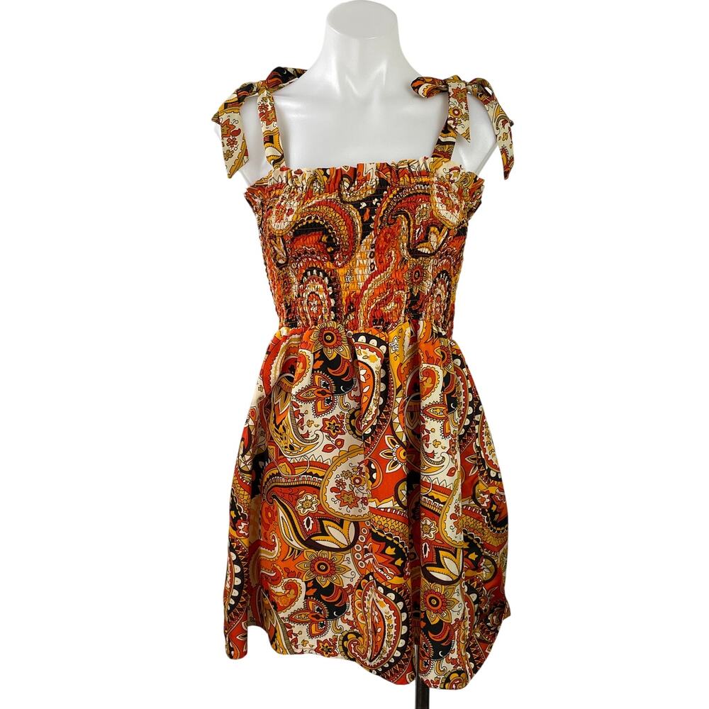 Boohoo Orange Paisley Floral Tie Sleeveless Smocked Fit & Flare Mini Dress Sz 4